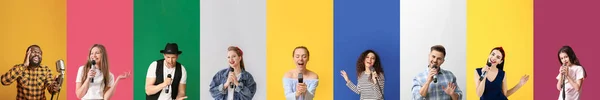 Renkli Arka Planda Mikrofonları Olan Şarkıcılar — Stok fotoğraf