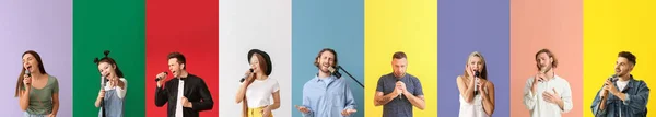 Zestaw Piosenkarzy Mikrofonami Kolorowym Tle — Zdjęcie stockowe