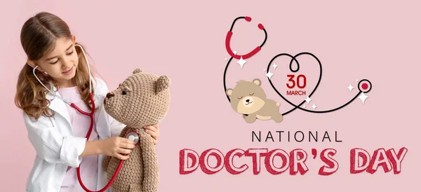 Greeting card for National Doctors Day with cute little girl playing with toy