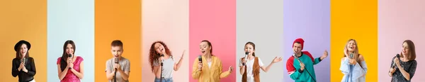 Set Van Zangers Met Microfoons Kleur Achtergrond — Stockfoto