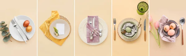 ベージュの背景にイースターディナーのためのお祝いテーブル設定のコラージュ — ストック写真