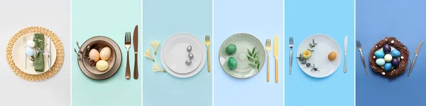 Collage Von Festlichen Tischdekorationen Für Das Osteressen Auf Farbigem Hintergrund — Stockfoto