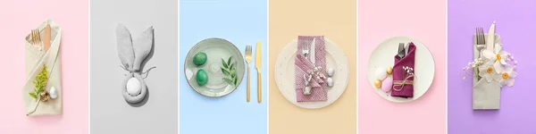 Kolaż Świątecznych Ustawień Stołu Wielkanoc Obiad Tle Koloru — Zdjęcie stockowe