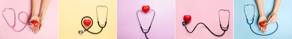 Koláž Stetoskopy Ruce Srdce Barevném Pozadí Horní Pohled — Stock fotografie