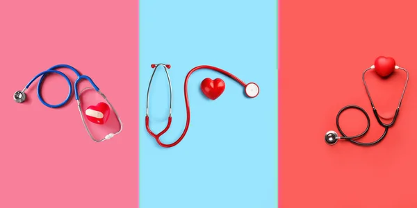 Kolaż Stetoskopami Sercami Kolorowym Tle — Zdjęcie stockowe