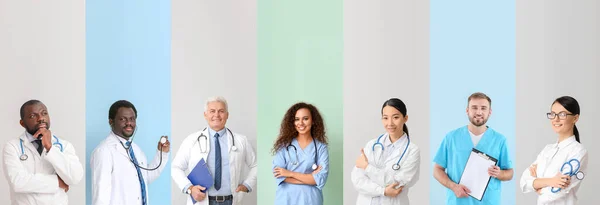 Collage Many Doctors Color Background — Stock Photo, Image