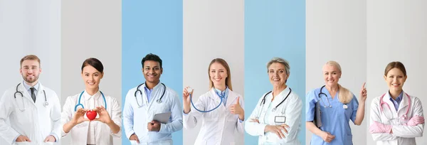 Collage Avec Nombreux Médecins Sur Fond Couleur — Photo