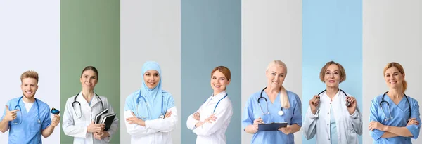 Collage Con Muchos Médicos Sobre Fondo Color — Foto de Stock