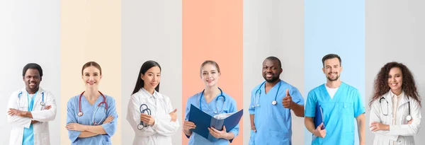 Colagem Com Muitos Médicos Fundo Cor — Fotografia de Stock
