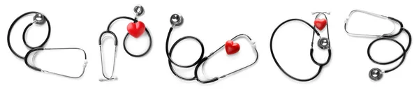 Conjunto Estetoscópios Com Corações Vermelhos Sobre Fundo Branco Conceito Saúde — Fotografia de Stock