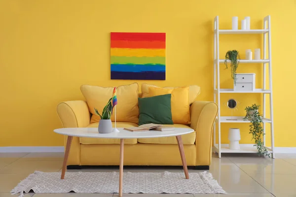 Interior Stylish Living Room Sofa Shelving Unit Rainbow Painting — Stock Photo, Image