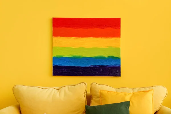 Painting Lgbt Flag Hanging Yellow Wall Living Room — Stock Photo, Image