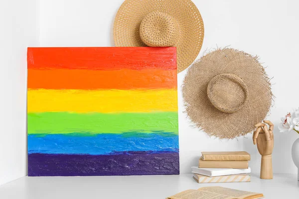 Painting Lgbt Flag Wooden Hand Books Table Light Wall — Stock Photo, Image