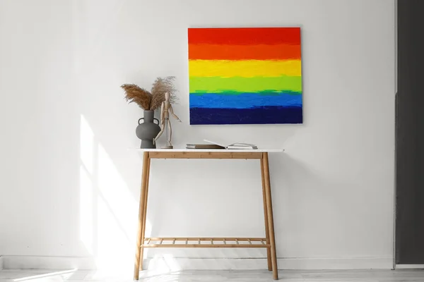 Table Vase Mannequin Books Painting Lgbt Flag Light Wall — Stock Photo, Image
