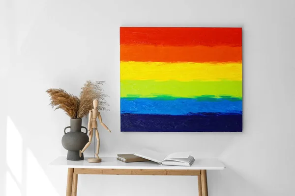 Table Vase Mannequin Books Painting Lgbt Flag Light Wall — Stock Photo, Image