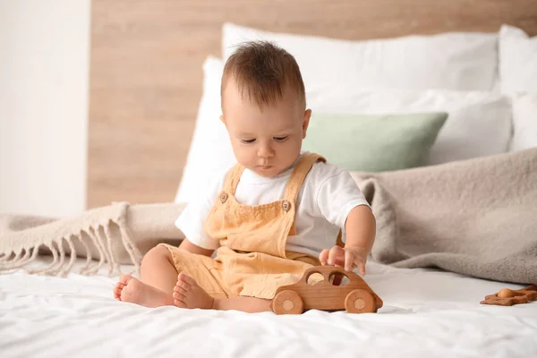 Baby Boy Playing Wooden Car Bedroom — Stock Photo, Image