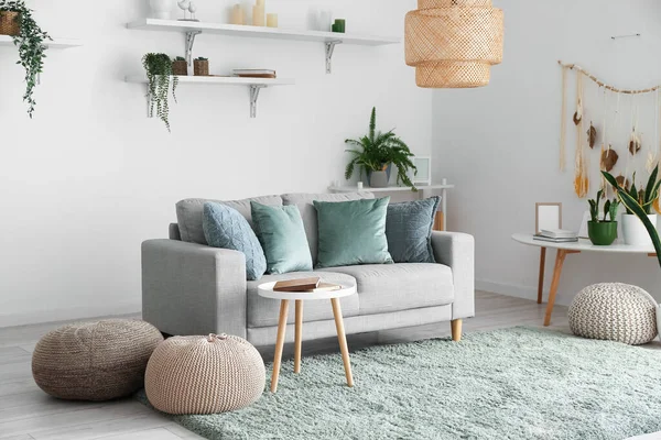 Interior Ruang Tamu Terang Dengan Tanaman Hijau Sofa Dan Meja — Stok Foto