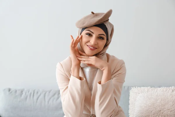 Stylish Muslim Woman Sitting Sofa Home — Stock Photo, Image