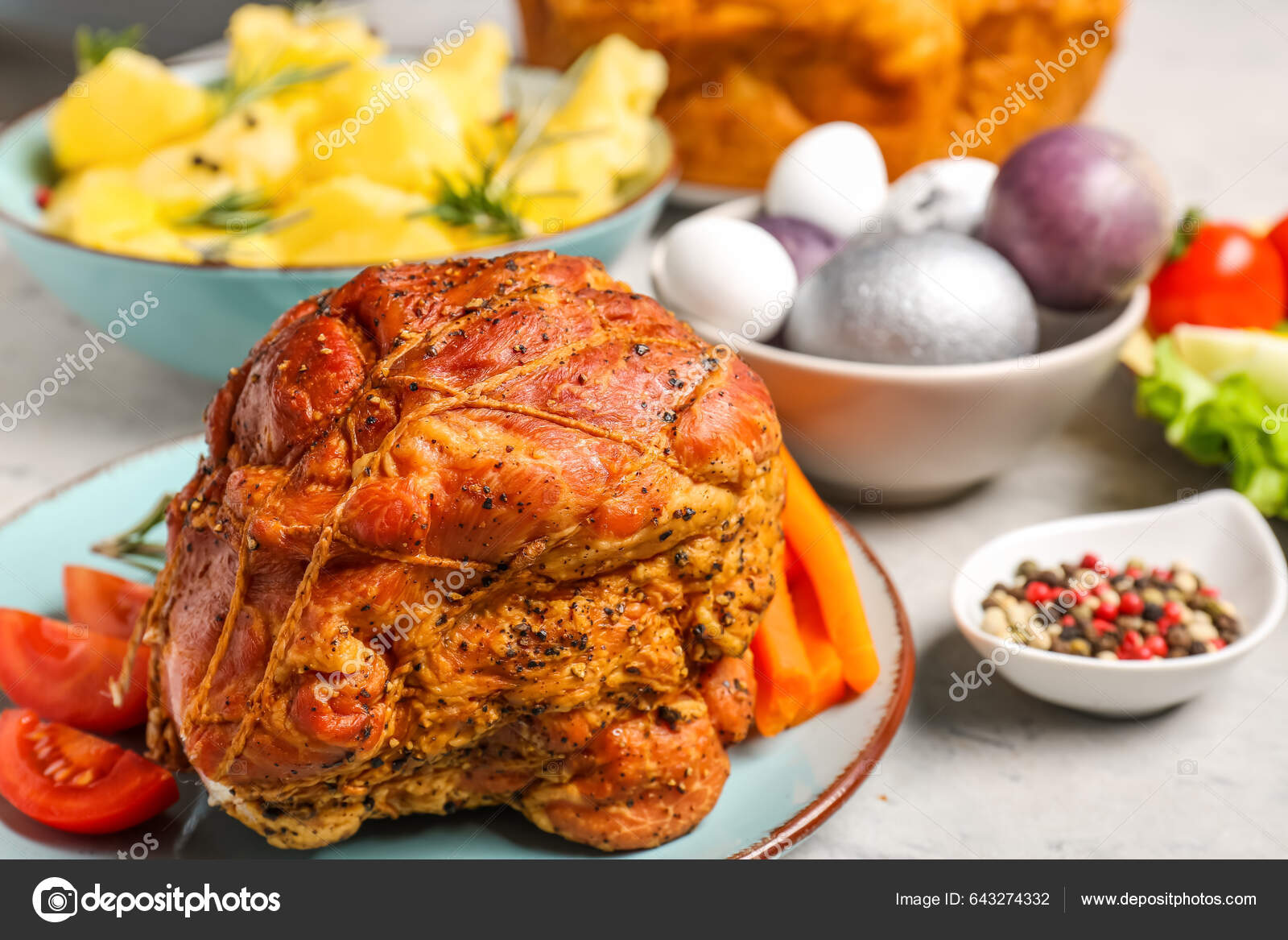 Plate Tasty Ham Dishes Easter Dinner Table Closeup — Stock Photo
