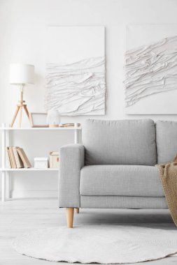 Kanepesi, raf ünitesi ve yaratıcı sanat eserleri olan modern oturma odası.