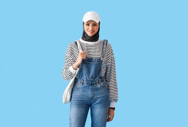 Stylish Muslim Woman Cap Bag Blue Background — Stock Photo, Image