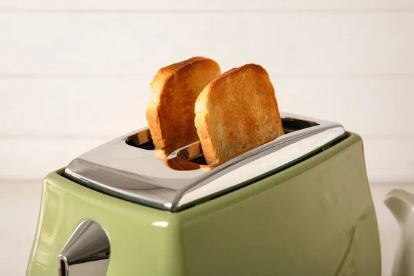Modern Toaster Crispy Bread Slices White Background — Fotografia de Stock