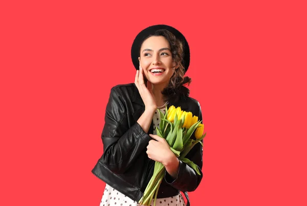 Young Woman Leather Jacket Tulips Red Background — Stock Photo, Image