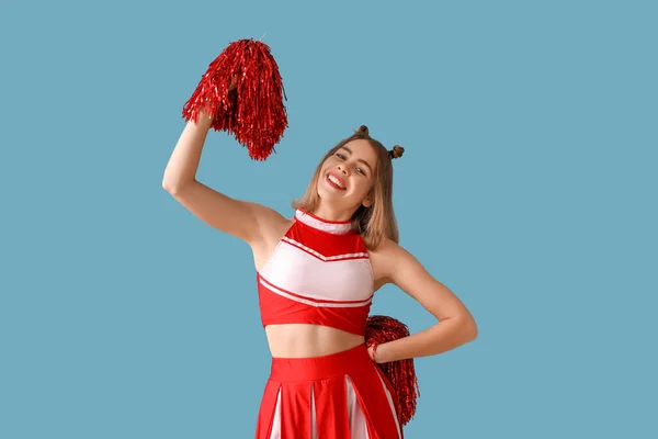 Mooie Cheerleader Blauwe Achtergrond — Stockfoto