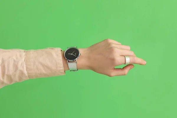 Woman Stylish Wristwatch Green Background — Stok fotoğraf