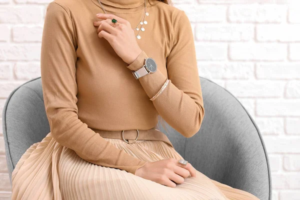 Woman Stylish Wristwatch Sitting Home Closeup — Stock Photo, Image