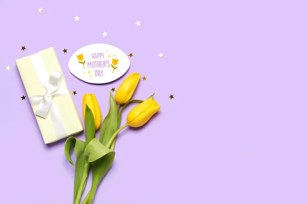 Kort Med Text Happy Mother Day Presentförpackning Och Tulpan Blommor — Stockfoto