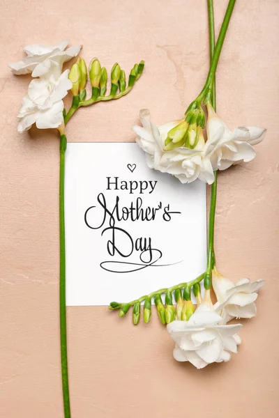 Cartão Saudação Com Texto Dia Mãe Happy Belas Flores Freesia — Fotografia de Stock