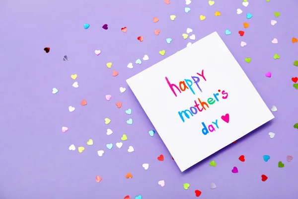Cartão Com Texto Happy Mother Day Lantejoulas Sobre Fundo Lilás — Fotografia de Stock