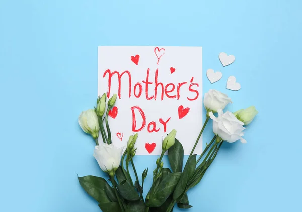 Cartão Com Texto Dia Mãe Belas Flores Eustoma Fundo Cor — Fotografia de Stock