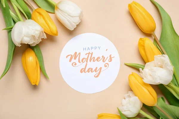 Greeting Card Text Happy Mother Day Beautiful Tulip Flowers Beige — Stock Photo, Image