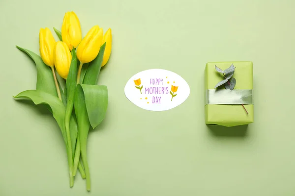 Wenskaart Met Tekst Happy Mother Day Geschenkdoos Mooie Tulpenbloemen Groene — Stockfoto