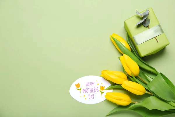 Gratulationskort Med Text Happy Mother Day Presentförpackning Och Vackra Tulpan — Stockfoto