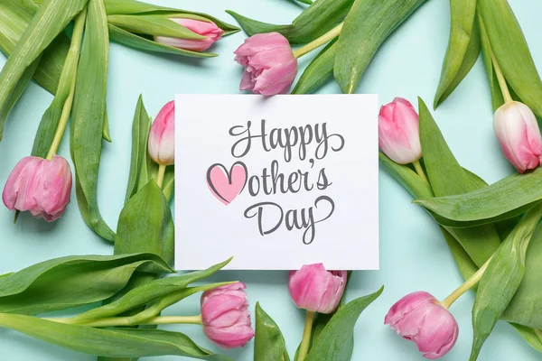 Cartão Saudação Com Texto Happy Mãe Day Belas Flores Tulipa — Fotografia de Stock