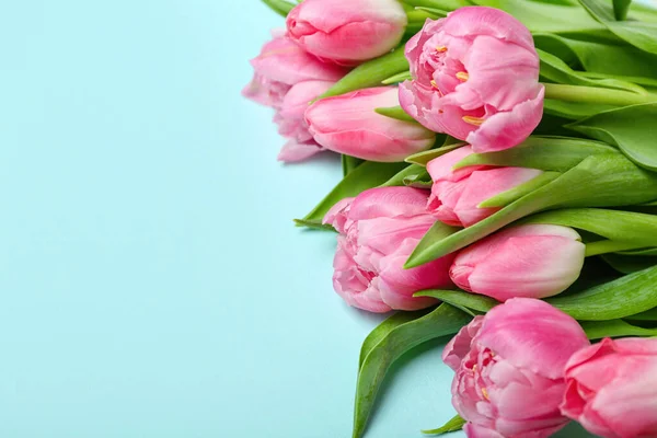 Belles Fleurs Tulipes Sur Fond Turquoise Gros Plan — Photo