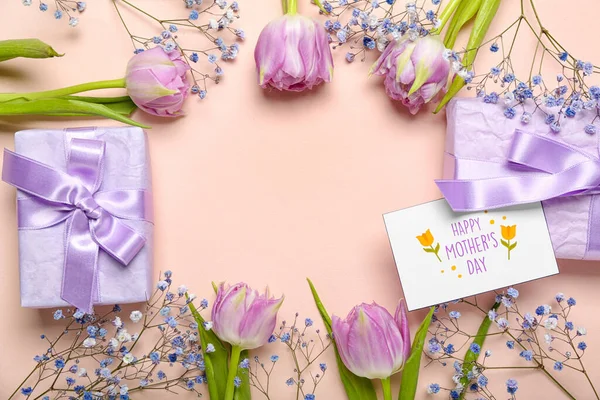 Ramka Pięknych Kwiatów Tulipanów Kartka Tekstem Happy Matka Day Pudełka — Zdjęcie stockowe
