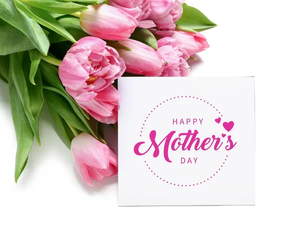 Cartão Com Texto Happy Mãe Day Belas Flores Tulipa Fundo — Fotografia de Stock