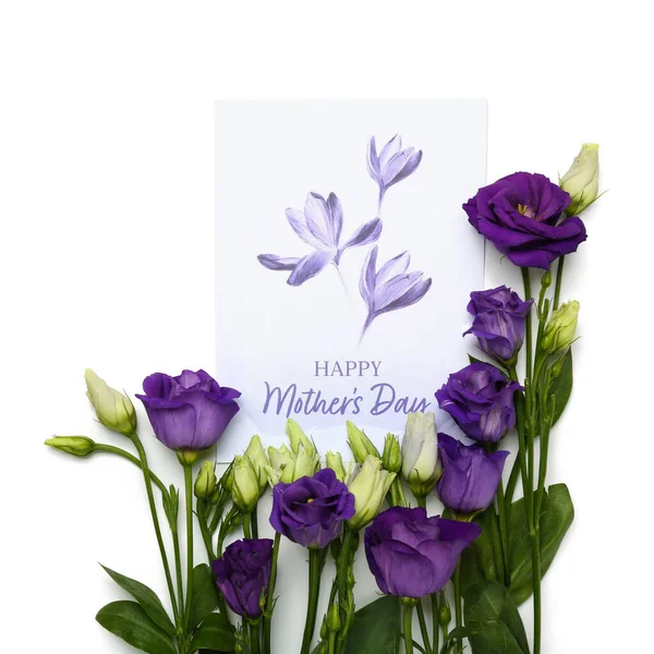 Kort Med Texten Happy Mother Day Och Vackra Eustoma Blommor — Stockfoto
