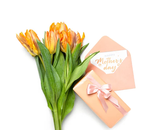 Composition Avec Carte Vœux Boîte Cadeau Fleurs Tulipes Sur Fond — Photo