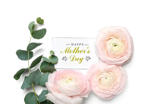 Card Text Happy Mother Day Beautiful Ranunculus Flowers Eucalyptus Branches — Stock Photo, Image