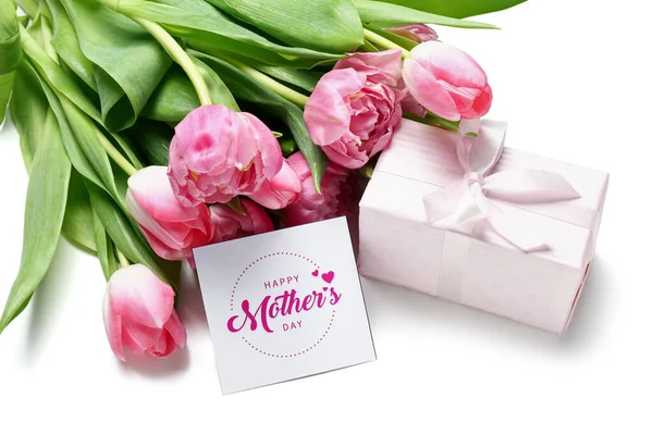Card with text HAPPY MOTHER\'S DAY, gift and beautiful tulip flowers on white background, closeup