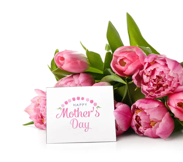 Карточка Текстом День Матери Красивые Цветы Тюльпана Изолированы Белом Фоне — стоковое фото