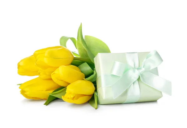 Bouquet Yellow Tulip Flowers Gift Mother Day Celebration White Background — Stock Photo, Image