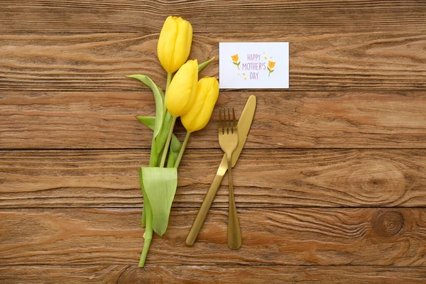 Greeting Card Text Happy Mother Day Cutlery Tulip Flowers Wooden — Stock Photo, Image