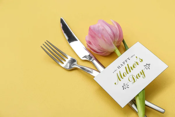Greeting Card Text Happy Mother Day Cutlery Tulip Flower Yellow — Stock Photo, Image