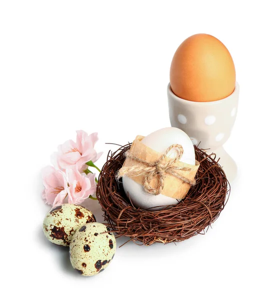Easter Eggs Sakura Flowers Isolated White Background — Stock Photo, Image